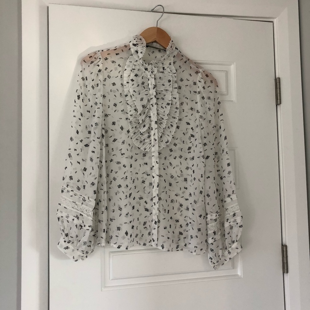 Zara Ruffled Button Down Blouse White/black detail